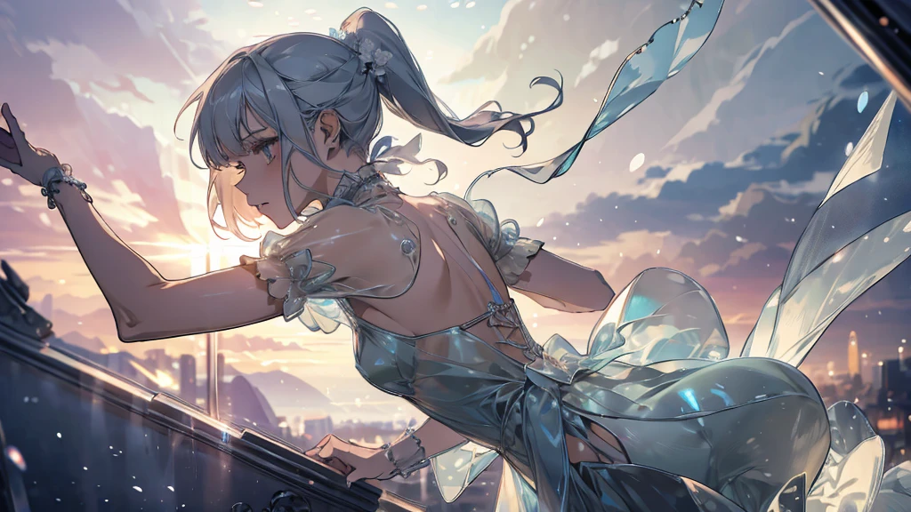 A lewd girl wearing glass dress, translucent fabrics