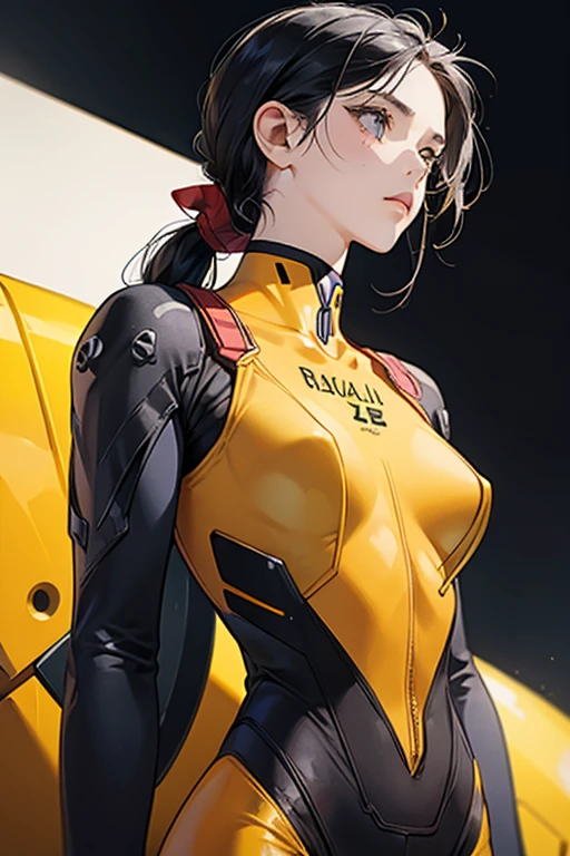 A freckled girl with black hair tied up in a yellow Evangelion plug suit