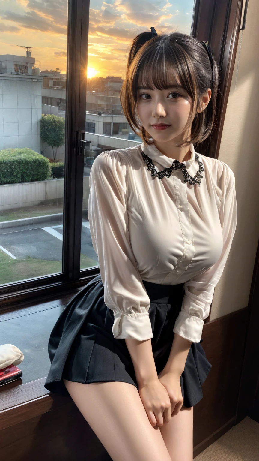 muste piece, best quality, illustration, Super detailed, fine details, High resolution, 8K,wall paper, perfect dynamic composition,(Details High quality, realistic depiction of eyes:1.3), short hair, (wavy hair:1.2), Smile, Silk Collar Shirt, Long flared skirt, pony tail hair, huge breasts, black hair color, Big Natural Color Lip, bold sexy pose, crying a little、cold gaze, Harajuku style、20 year old girl、cute type、lolita、beautiful legs, hotel room, full body photo、focus on crotch, hposing Gravure Idol, Sexy shot looking at camera, Sunset, by the window, Summer, knee sox, make up, Curve
