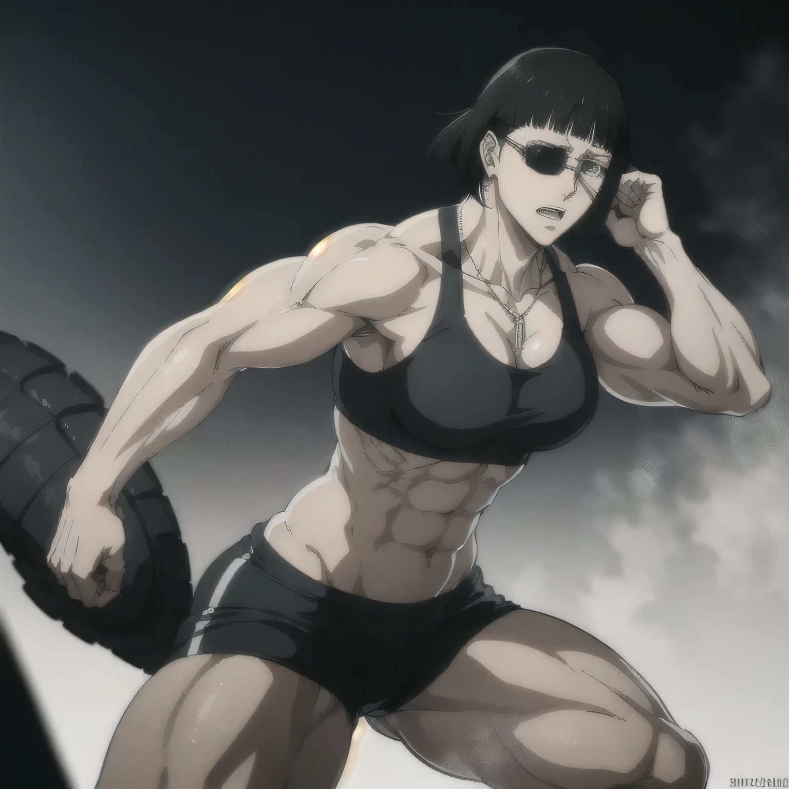 (best quality,ultra-detailed,realistic:1.37),musclaur badass girl with sculpted body shows her wearing black sport bra and Elastic sports shorts, full review of the female character's face and body, intense expression, strong and confident posture, studio lighting, vivid colors, physiologically-based rendering, grungy texture, rugged background, dust particles in the air, commanding presence, professional, powerful, gritty aesthetics,,Valmet،short hair,tattoos,fat free body,veins in muscles,eyepatch,necklace,six-pack,Shining muscles,Shining six-pack,