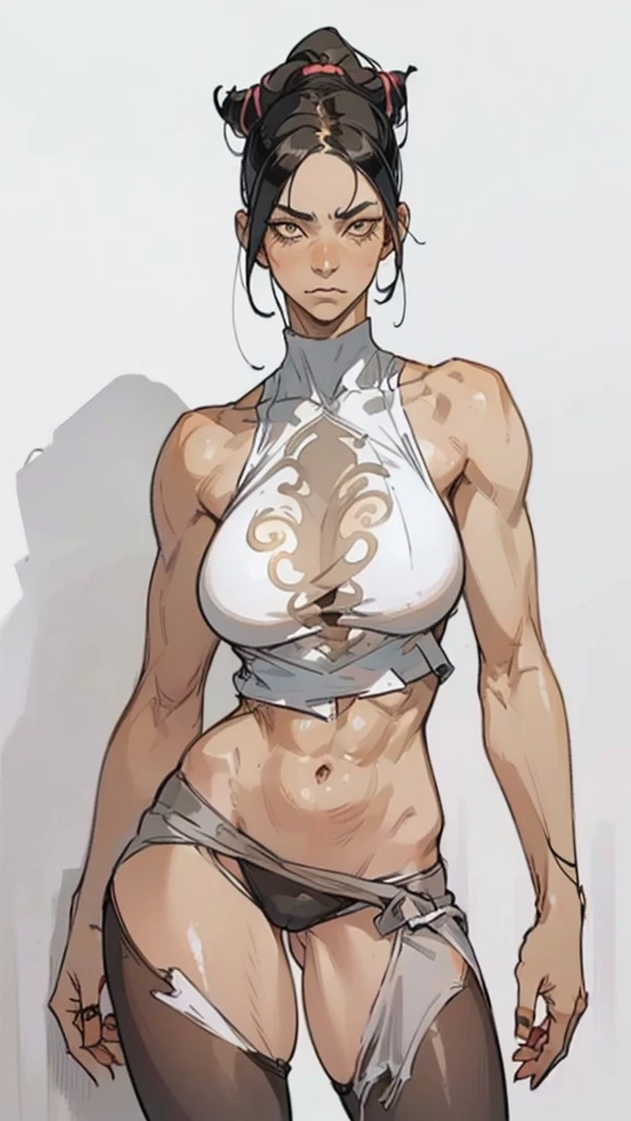 juri han,1 girl muscular pale skin black hair black yellow eyes against the wall sad sad sad sad tight shirt leggings thick thick thick muscular muscular muscular muscular dark dark, brown tights, Sexy thighs, beautiful detailed eyes