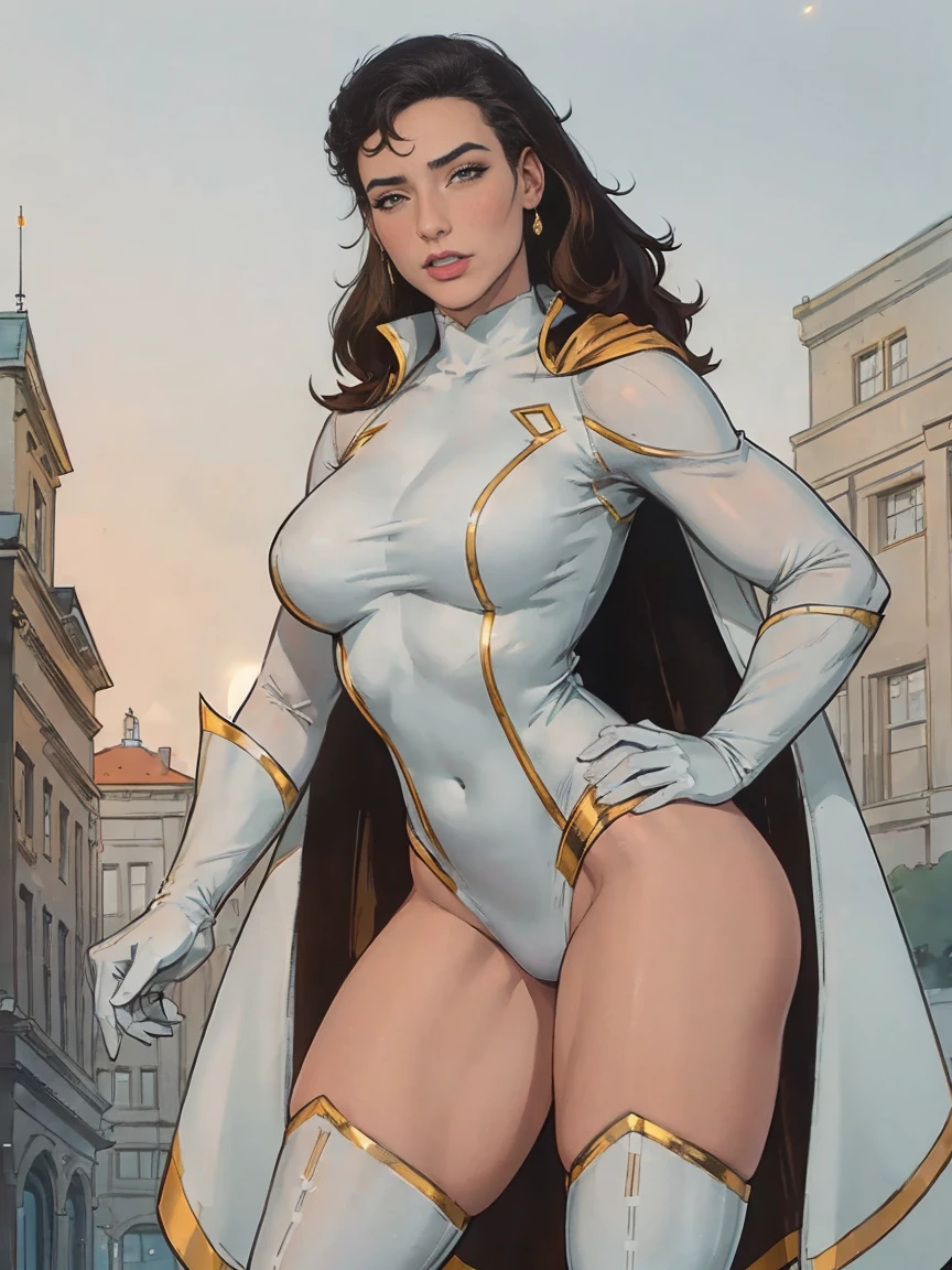 Gorgeous and sultry busty athletic (thin) brunette with sharp facial features wearing a white and gold superhero leotard, cape, gloves, thigh-high boots. Standing, city street.