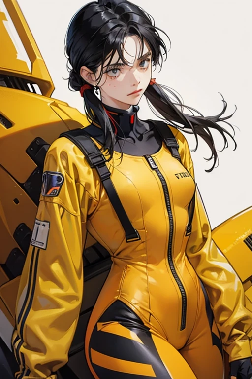 A freckled girl with black hair tied up in a yellow Evangelion plug suit