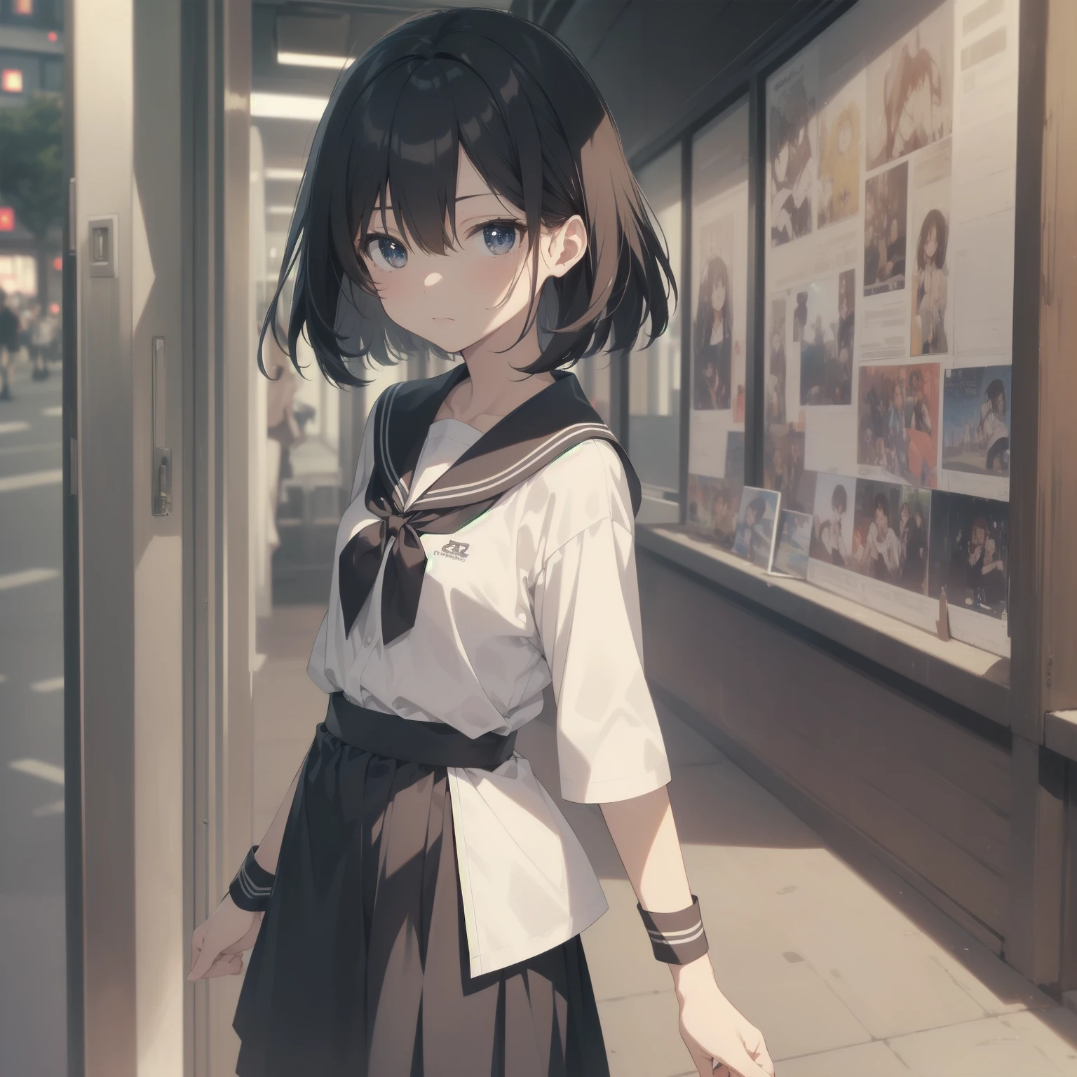ultra-absurdres-Top quality by artist God, ultra-detailed, high resolution, anime moe artstyle, best anime 8k konachan wallpaper, pixiv contest winner, pool:2810, perfect anatomy,break, 1girl, (Please draw a girl walking sleepily to school alone. )break,(Solo,little female, 13-year-old:1.3),Full limbs, complete fingers,a junior high school student, (very short hair), short cut, flat chest, , small butt, small black eyes, beautiful detailed eyes, well-proportioned iris and pupils, expressive eyes, highres detailed hair, soft expression, salor school_uniform, sailor collar, serahuku, bow, pleated skirt,(Detailed Lighting), (Detailed background), in the School commute route. break,super detailed skin, Best cinematic lighting powered by famous artist, 8k,beauty illustration,photoshop_(medium),very aesthetic,break,((artist:zen_(kamuro) )), artist:clamp ,artist:carnelian ,artist:kantoku ,