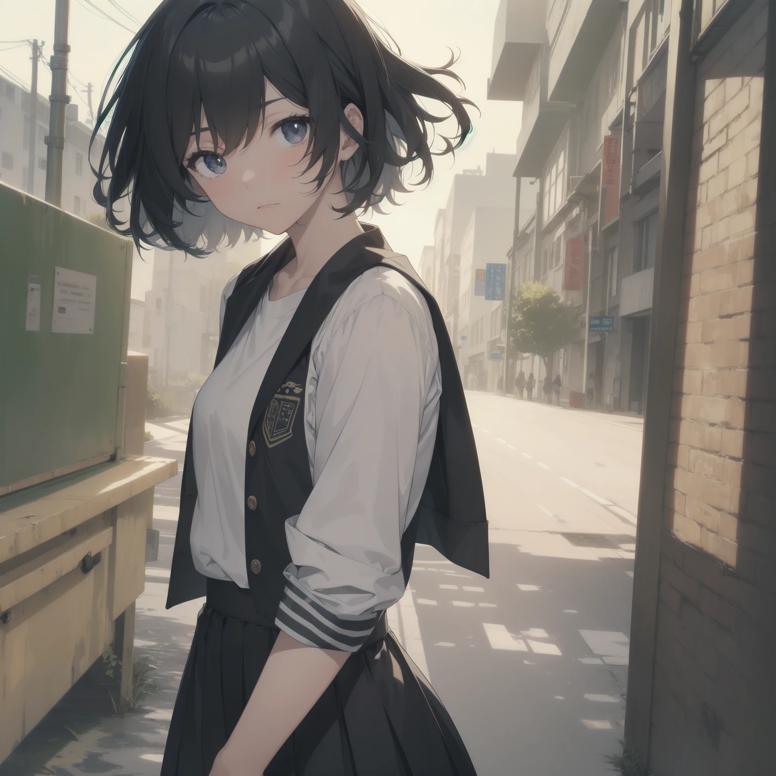 ultra-absurdres-Top quality by artist God, ultra-detailed, high resolution, anime moe artstyle, best anime 8k konachan wallpaper, pixiv contest winner, pool:2810, perfect anatomy,break, 1girl, (Please draw a girl walking sleepily to school alone. )break,(Solo,little female, 13-year-old:1.3),Full limbs, complete fingers,a junior high school student, (very short hair), short cut, flat chest, , small butt, small black eyes, beautiful detailed eyes, well-proportioned iris and pupils, expressive eyes, highres detailed hair, soft expression, salor school_uniform, sailor collar, serahuku, bow, pleated skirt,(Detailed Lighting), (Detailed background), in the School commute route. break,super detailed skin, Best cinematic lighting powered by famous artist, 8k,beauty illustration,photoshop_(medium),very aesthetic,break,((artist:zen_(kamuro) )), artist:clamp ,artist:carnelian ,artist:kantoku ,