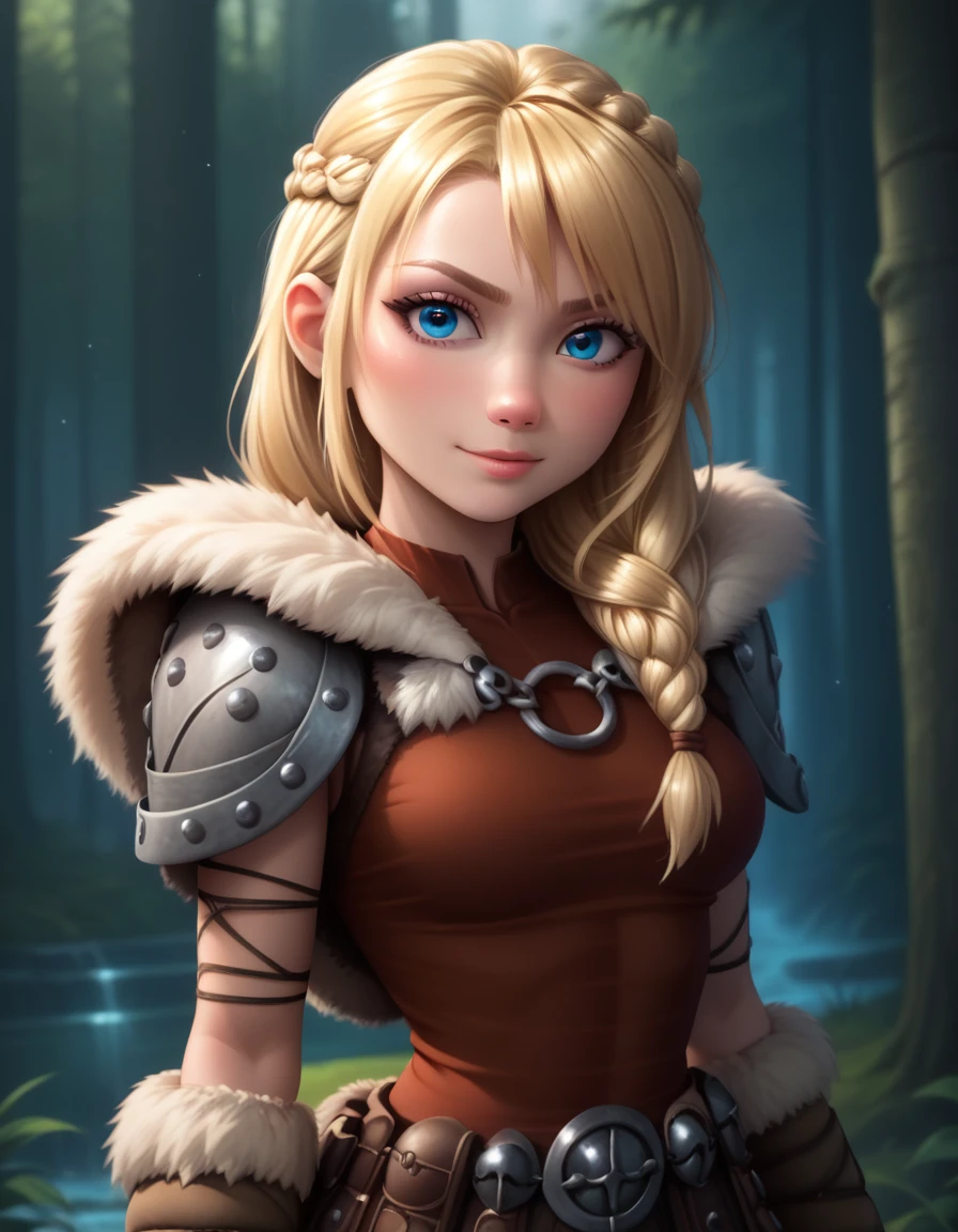 score_9, score_8_up, BREAK, ASTRIDHOFFERSON, 1girl, solo, blonde hair, braid, Long hair, blue eyes, fur trim, shoulder armor, armor, pauldron, depth of field, forest,