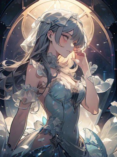 A lewd girl wearing glass dress, translucent fabrics