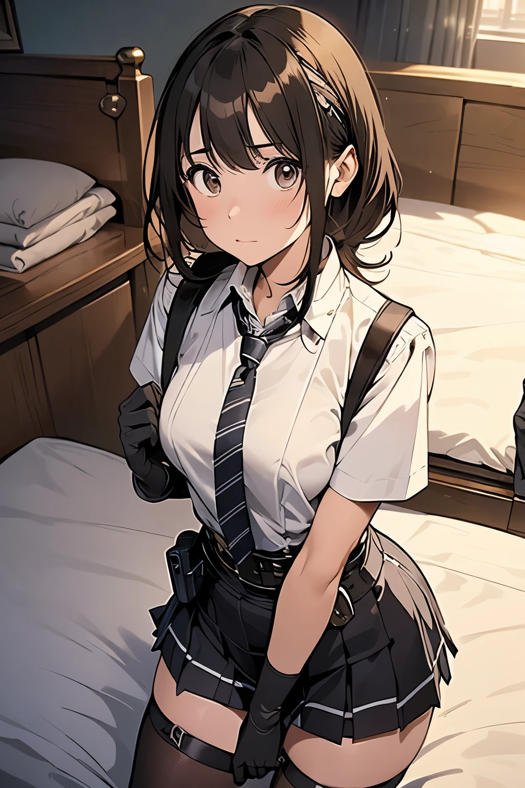 1 female, , high quality, masterpiece, Ultra-high resolution, , Cinema Lighting, , , And the suspenders with the cranes flying　　　Moderate breasts　 　 　　　　Small face　 　　　holster　　　　　　　 Lying in bed　Looking up　　　　Sweat 　　　belt　summer　脇Sweat 　Black Hole Gloves　suit　shirt　　Black jacket　 Black trousers　Leg Links　ズボンにbelt　　holster　 　　Hands behind your back　 Anxious expression　Looking up　Anxious face 