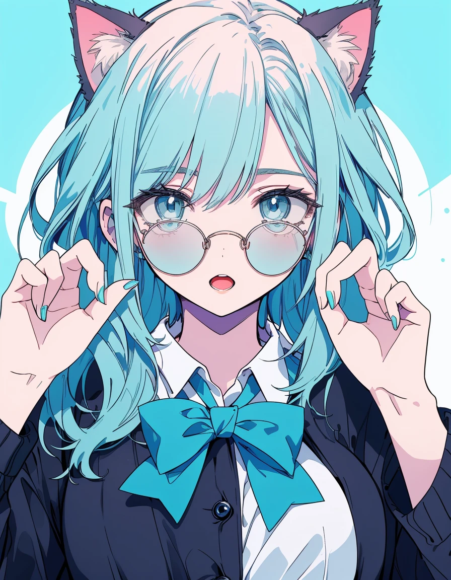 office, office lady, glasses, surprised, raised hands, open mouth, ((masterpiece, best quality:1.5)), ((Beautiful detailed cat aqua eyes:1.2)), cat ears, pale skin, medium breasts, beautiful hands, beautiful fingers, EasyNegative