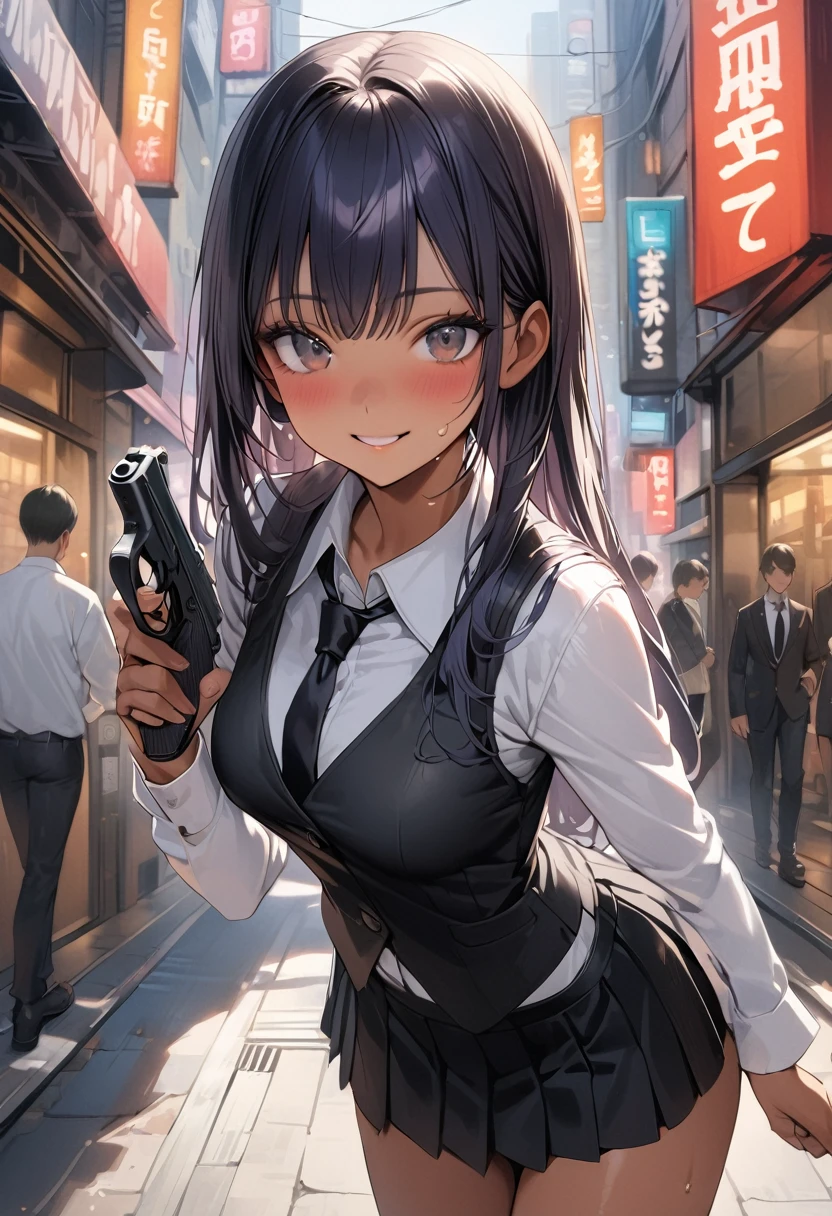 ((masterpiece,Highest quality:1.3,best quality illustration)),realistic,cowboy shot,1woman,(22 year old beauty),((very small head:1.4)),ideal ratio body proportions,dark blue hair,straight long hair,bangs,black eyes,gorgeous big eyes,blush,smile,((tan skin,skinny)),(Black vest、Black tie、White collared shirt、Long sleeve、Black pleated mini skirt)),medium breasts,gleaming skin,slender body,sweat,A detailed depiction of a handgun in hand,on street,Shinjuku、Tokyo、