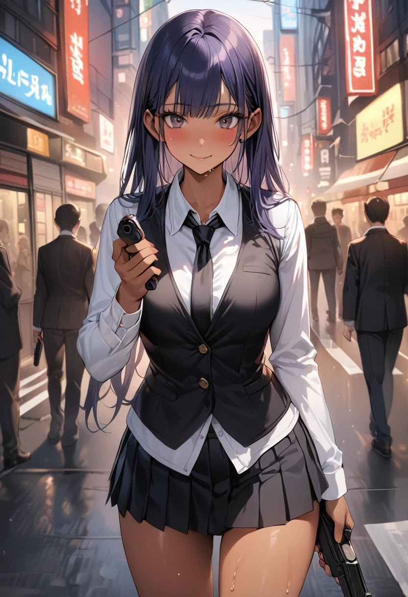 ((masterpiece,Highest quality:1.3,best quality illustration)),realistic,cowboy shot,1woman,(22 year old beauty),((very small head:1.4)),ideal ratio body proportions,dark blue hair,straight long hair,bangs,black eyes,gorgeous big eyes,blush,smile,((tan skin,skinny)),(Black vest、Black tie、White collared shirt、Long sleeve、Black pleated mini skirt)),medium breasts,gleaming skin,slender body,sweat,A detailed depiction of a handgun in hand,on street,Shinjuku、Tokyo、