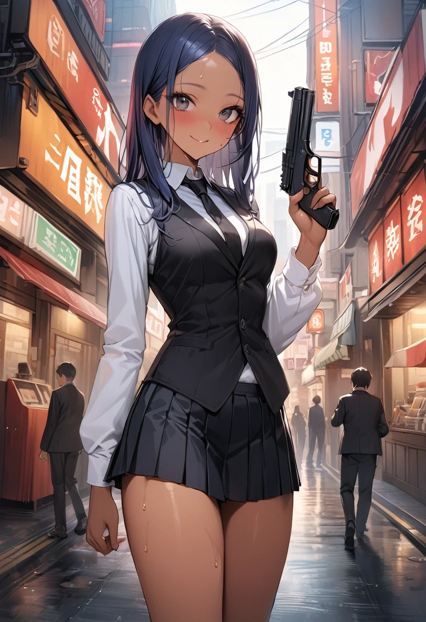 ((masterpiece,Highest quality:1.3,best quality illustration)),realistic,cowboy shot,1woman,(22 year old beauty),((very small head:1.4)),ideal ratio body proportions,dark blue hair,straight long hair,bangs,black eyes,gorgeous big eyes,blush,smile,((tan skin,skinny)),(Black vest、Black tie、White collared shirt、Long sleeve、Black pleated mini skirt)),medium breasts,gleaming skin,slender body,sweat,A detailed depiction of a handgun in hand,on street,Shinjuku、Tokyo、