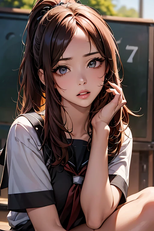 (Highest quality)),(超High resolution),(Very detailed),(Detailed Description),((The best CG)),(masterpiece),Ultra-detailed art、(Highest quality、8k、32K、masterpiece)、(Realistic)、(Realistic:1.2)、(High resolution)、Very detailed、Very beautiful face and eyes、1 female、Tight waist、Delicate body、(Highest quality、Attention to detail、Rich skin detail)、(Highest quality、8k、Oil paints:1.2)、Very detailed、(Realistic、Realistic:1.37)、Bright coloredium length hair with loose waves、ponytail、The bangs are straight and fall on the forehead、Red hair))、 Light skin tone、Smooth and healthy skin、
""Grey sweat wicking T-shirt、Black shorts with school logo, white ankle socks, black sneakers background: ((Schoolyard:1.6))、Or natural scenery""