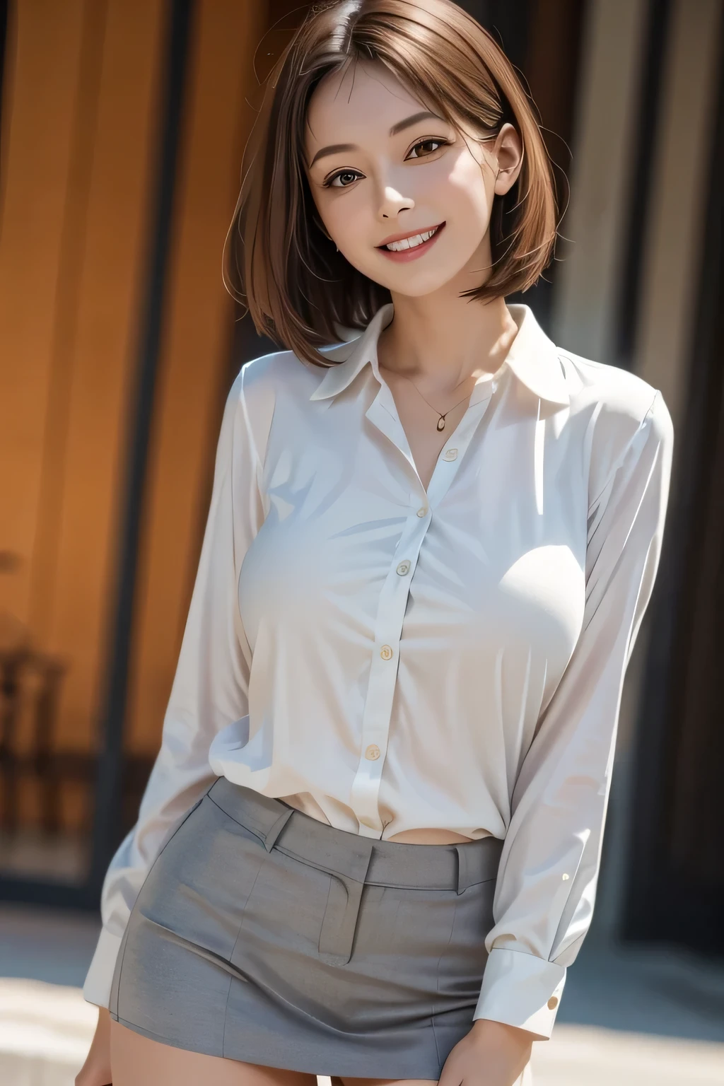 (smile)、((nipple見え))、(translucent shirt:1.2)、(In 8K、highest quality、masterpiece:1.2)、(genuine、photogenuineistic:1.37)、Super detailed、1 girl、cute、、Big eyes、beautiful detailed eyes、office、、(blush your nose)、 (perfect beautiful beautiful face:1.15)、(closed mouth)、細やかなbeautiful eyes、(skeleton shirt:1.1)、daytime、、short cut hair、、white lace、(short hair:1.5)、floating hair、body、20 year old woman、brown hair、、brown eyes、small head、((M cup fashion girl、beautiful eyes、genuine face、genuine skin、genuine-looking face、genuineな肌、fine eyes、、(No underwear:1.3)、、viewer、Look carefully at the face and chest、,　see-through shirt。the tip of the chest sticks out。Areola is protruding。(The shape of the genitals is clearly visible), lots of eyelashes。black eyeshadow。bright red lips。black sexy high heels。pubic hair。The lower abdomen is bristly。thin。thighs are open。pubic hairが非常に多い。nippleは非常に突き出ています,　 そして繊細なbody型、dark blue suit、camel&#39;With toes、protruding pussy＿nipple