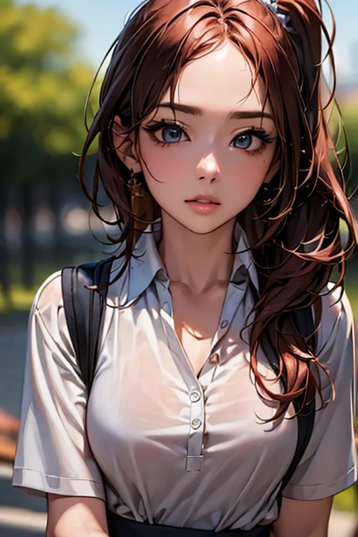 (Highest quality)),(超High resolution),(Very detailed),(Detailed Description),((The best CG)),(masterpiece),Ultra-detailed art、(Highest quality、8k、32K、masterpiece)、(Realistic)、(Realistic:1.2)、(High resolution)、Very detailed、Very beautiful face and eyes、1 female、Tight waist、Delicate body、(Highest quality、Attention to detail、Rich skin detail)、(Highest quality、8k、Oil paints:1.2)、Very detailed、(Realistic、Realistic:1.37)、Bright coloredium length hair with loose waves、ponytail、The bangs are straight and fall on the forehead、Red hair))、 Light skin tone、Smooth and healthy skin、
""White quick-drying polo shirt(With school emblem)
Navy blue shorts(Stretch fabric)
White socks white sneakers background: ((Schoolyard:1.6))、Or natural scenery""