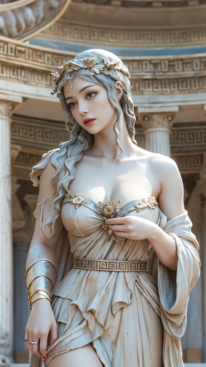 (8k, Highest quality, masterpiece)，(Realistic, RAW Photos, Super Fine Clear), Realistic Light, Detailed skin, Beautiful girl sculpture, Stone statue, ((25 year old girl, Statue of Nikke from Greek mythology:1.5)), Thin legs, fine grain, Long white hair, Detailed fingers, thin, Sexual, Ecstasy Facial Expressions, (Super big bouncy and firm bust), The dress has a wide opening at the chest, Exposing breasts, (Ancient Greek Dresses), (garden, Flower Storm), Lakeside palace, (art:1.5)