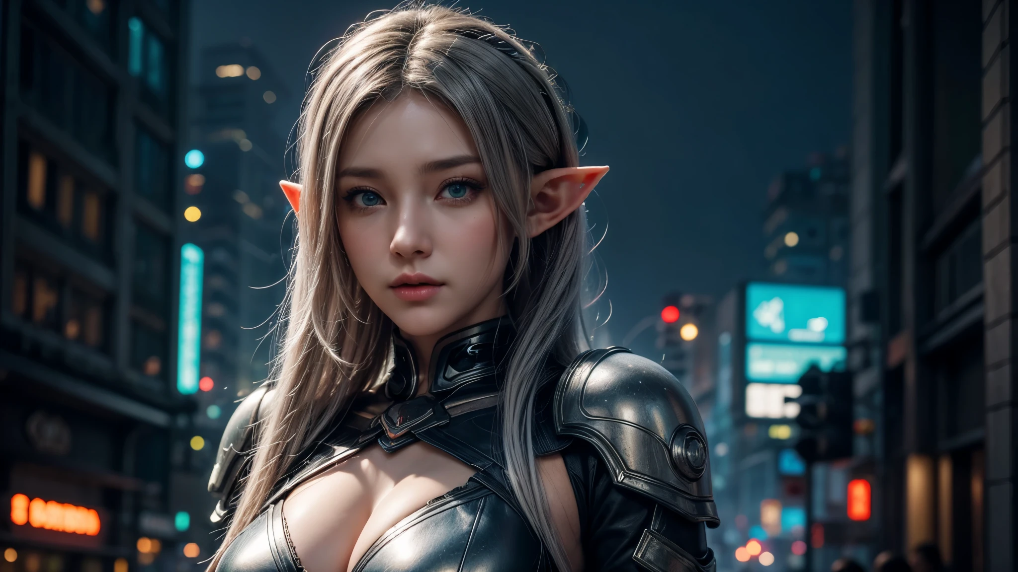 Female Elf，Close-up, Hollow future armor, 2. 5D CGI anime fantasy artwork, Large Breasts，Epic fantasy digital art style, detailed Digital 2D fantasy art, Digital 2D fantasy art, original photo, (best quality:1.3), high resolution, (masterpiece), (lifelike:1.4), Professional photography, Clear focus, High Dynamic Range, 8K resolution, Intricate details, Fine details, Depth of Field, Extremely detailed CG unified 8k wallpaper, masterpiece，poster，best quality，Official Art，（Beauty and aesthetics：1.2），（masterpiece：1.3），Female Elf，individual，complex pattern，Street at night，Cyberpunk style future city，Medium distance photography，（midnight：1.8），dramatic，Cyberpunk style clothes