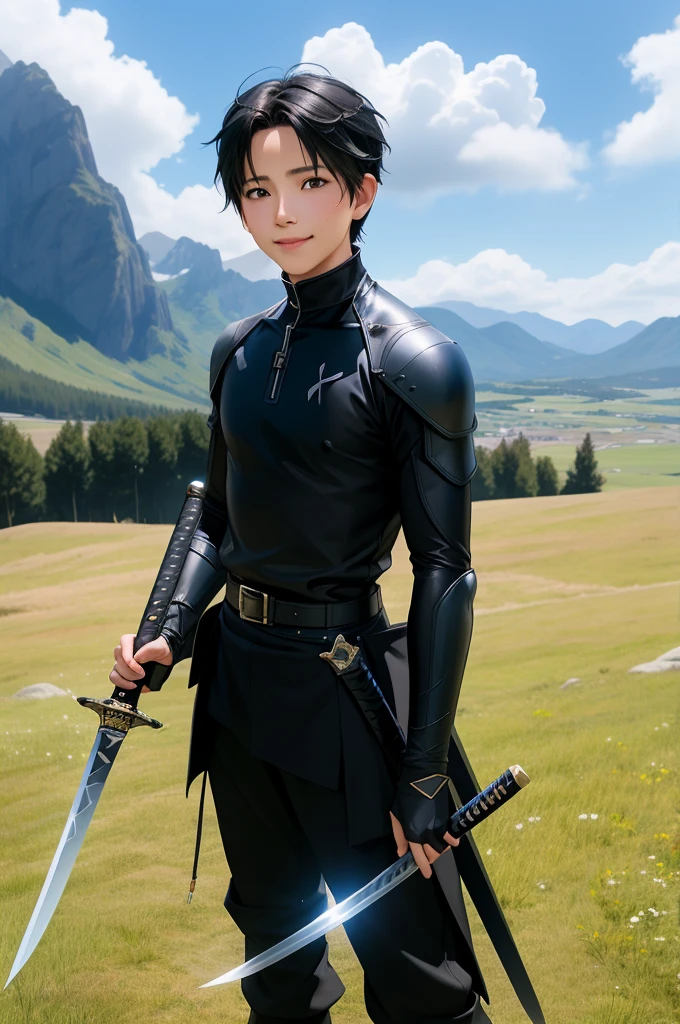 kirito boy\(sao\), black wear, blue_sky, blush, opened_mouth, cloud, cloudy_sky, day, katana sword in hand, sleeves, grass, short black hair, looking_at_viewer, mountain, outdoors, rock, sky, smile, solo, Fantasy anime lighting, fantasy anime