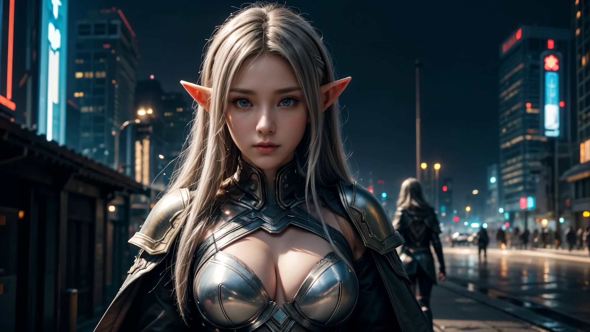 Female Elf,Close-up, Hollow future armor, 2. 5D CGI anime fantasy artwork, Large Breasts,Epic fantasy digital art style, detailed Digital 2D fantasy art, Digital 2D fantasy art, original photo, (best quality:1.3), high resolution, (masterpiece), (lifelike:1.4), Professional photography, Clear focus, High Dynamic Range, 8K resolution, Intricate details, Fine details, Depth of Field, Extremely detailed CG unified 8k wallpaper, masterpiece,poster,best quality,Official Art,(Beauty and aesthetics:1.2),(masterpiece:1.3),Female Elf,individual,complex pattern,Street at night,Cyberpunk style future city,Medium distance photography,(midnight:1.8),dramatic,Cyberpunk style clothes