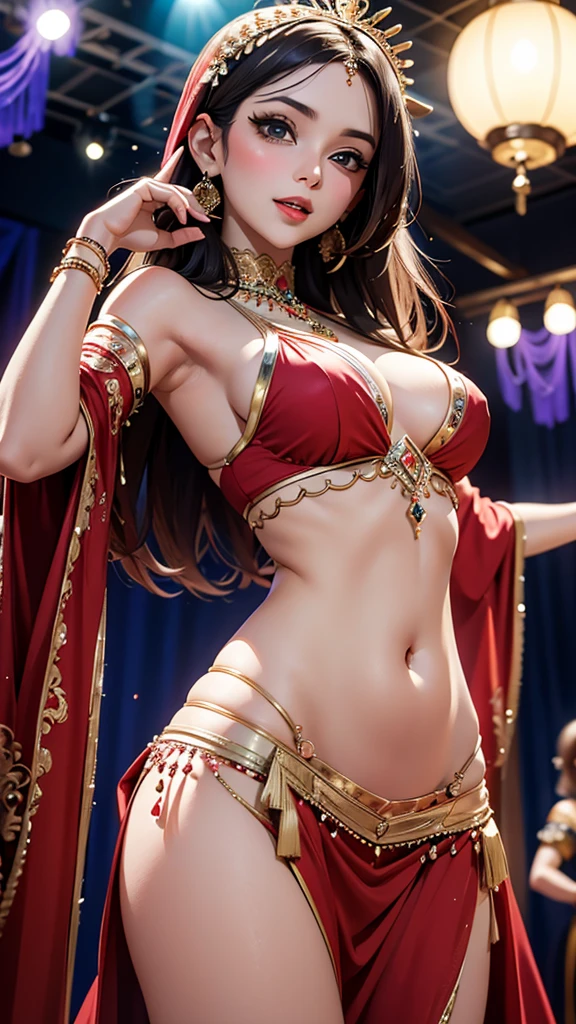 girl、wheat-colored skin、dark skin、odd eye、Right eye red、Left eye green、long hair、gray hair、evening、red dancer costume、red earrings、whole body、Thin fabric、belly button、gold bangles、gold anklet、thighs、shoulder、Red Turban、The background is grassland、look up here、Lipstick is light pink、open your mouth a little、Embarrassed expression、No cloth on the abdomen、