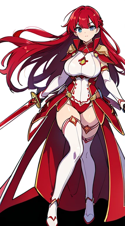 (((Highest quality))) , ((whole body)), woman, Reference Sheet, alone, (white background), Red Greabe,  Red Gauntlet, sword , 大sword ,  Thigh height, Loin cloth only, Red Cape, Long Hair, Red hair,  pink, cyan, white,