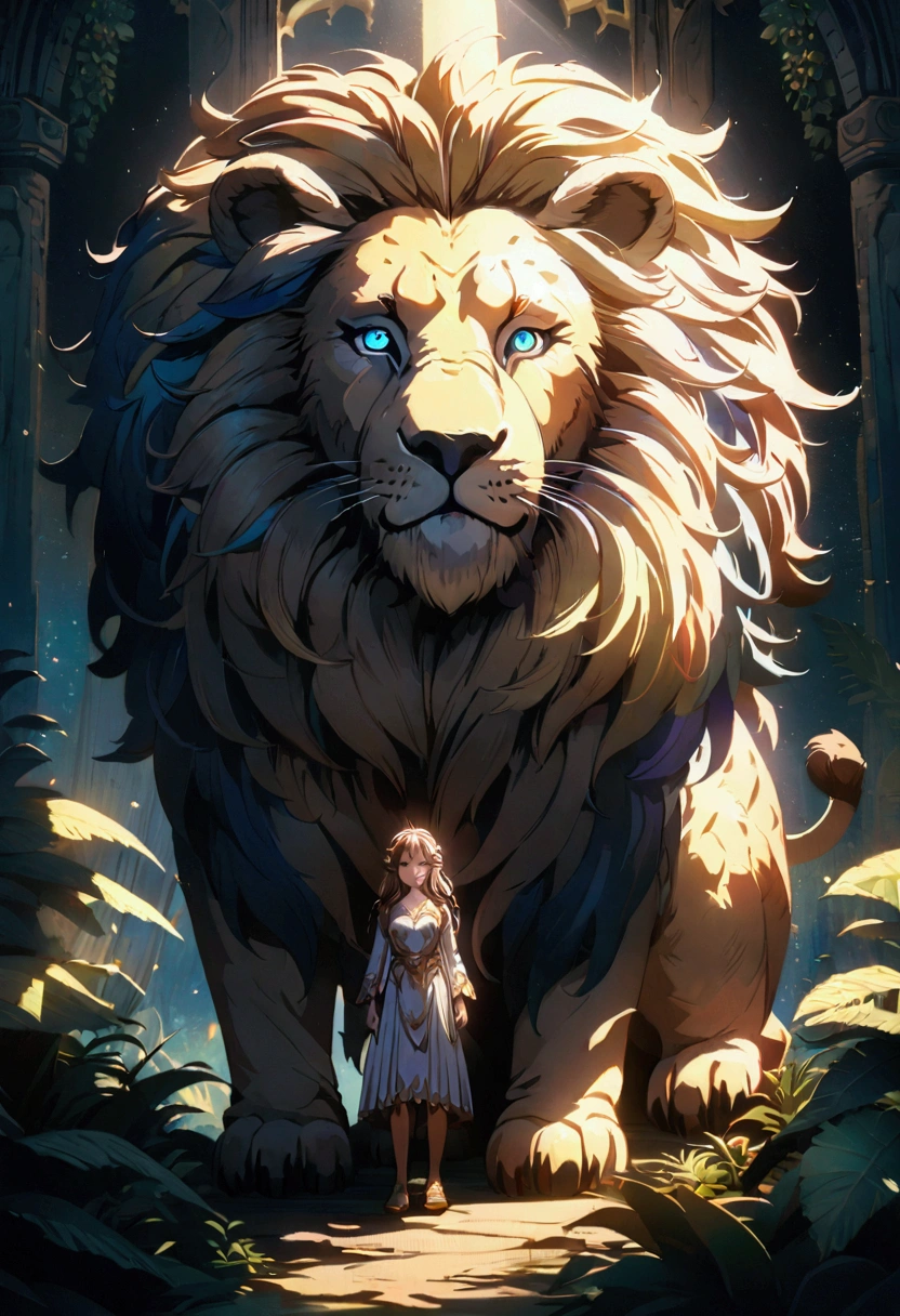 A crouching girl with a sad expression, a large lion comforting her, intricate detailed face, beautiful eyes, long eyelashes, delicate features, detailed skin texture, ornate background, sunlight filtering through leaves, cinematic lighting, vibrant colors, fantasy art style, highly detailed, 8k, style anime, large space, 4k, vivid colors