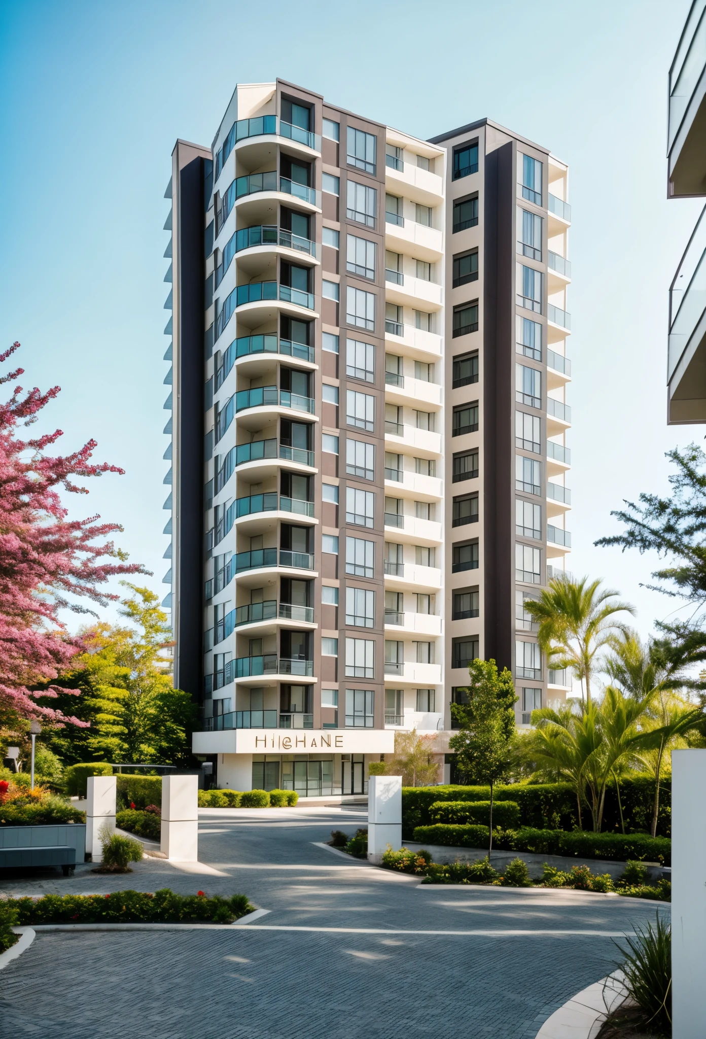 exterior of highrise apartment building, contemporary style, balconies, plants and flowers on balconies, vivid colour, beautiful landscape, stone pavement,cars, realistic, RAW photo, 8k uhd, dslr, soft lighting, high quality, film grain, Fujifilm XT3,masterpiece,