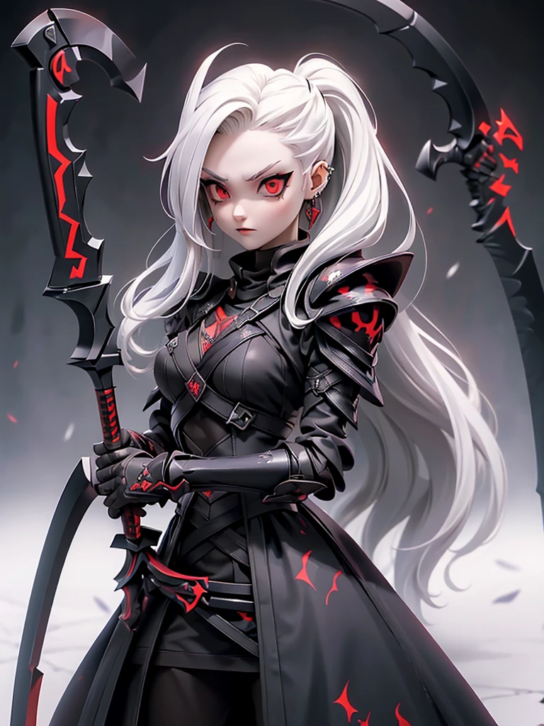 (((Masterpiece, best quality, 16k)))(Realistic)((Full body shot)) Slender female character with long white hair and piercing eyes. She wears a demonic armor in purple, black, and white. wields a large, stylized scythe. The character has a menacing expression, with a chaotic environment as the background. ((full body front view)). ((slender)), (extremely detailed:1.5), (long white hair:1.2), (piercing red eyes:1.2), (chaotic environment:1.1), (demonic armor:1.3), (stylized scythe:1.3).