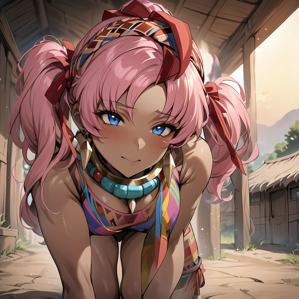 ((Highest quality)), ((masterpiece)), (detailed), （Perfect Face）、The woman is Lacus Clyne, a dark-skinned woman with blue eyes and medium-long pink hair, a hair ornament, a colorful headscarf, tribal accessories such as tribal necklaces and tribal earrings, and is an indigenous African woman wearing colorful indigenous tribal clothing.、The woman is in a native African tribal village.