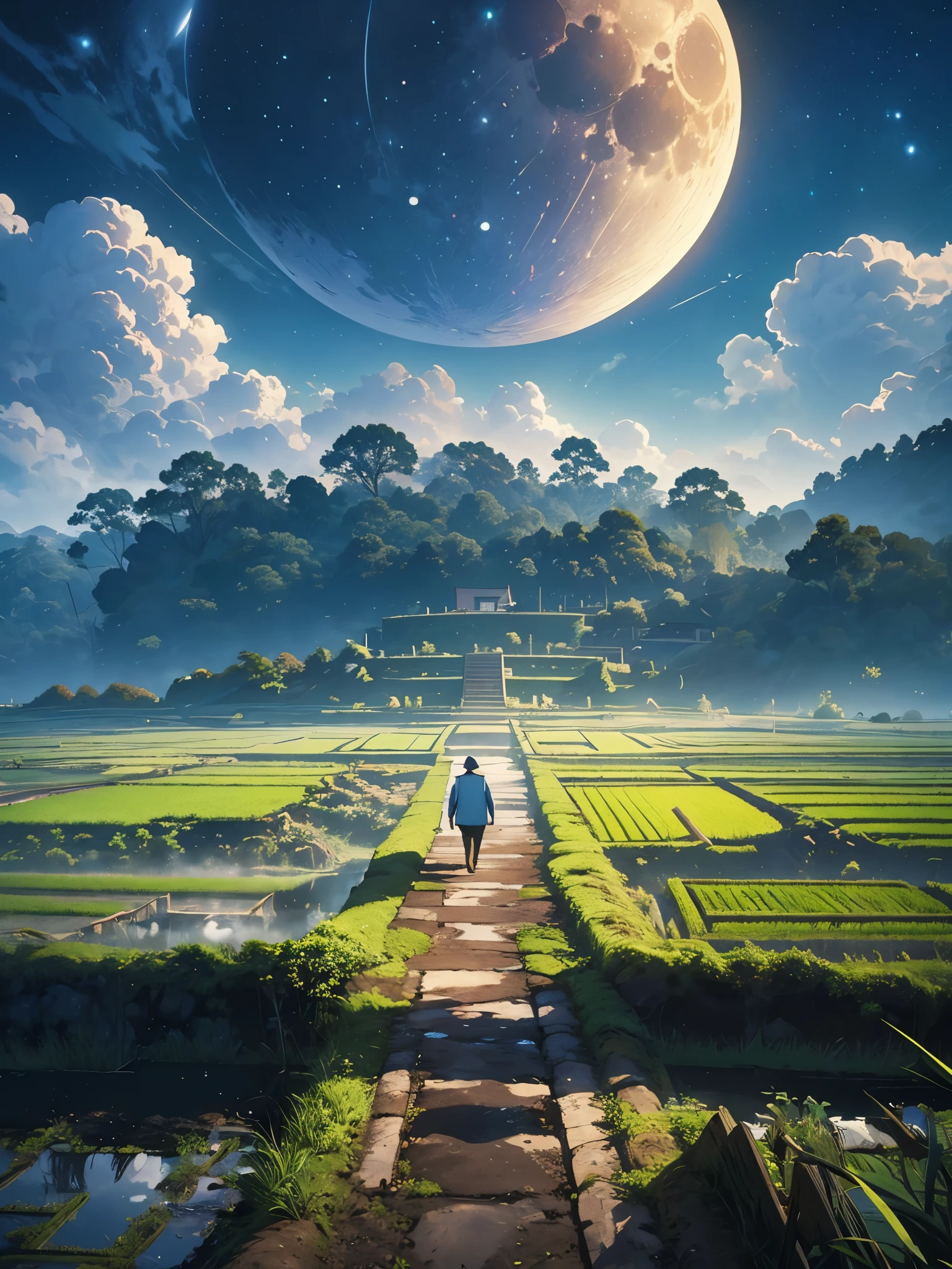 Old farmer carrying flat load, walking along winding path in hinterland, large moon, Jupiter reflected, grand clouds, blue sky, rice fields, pure rice seedlings in the fields, forst, hillside, isolated, hinterland, HD detail, hyper detail, film, Surrealism, smooth light, deep field focus bokeh, ray tracing, Surrealism.
