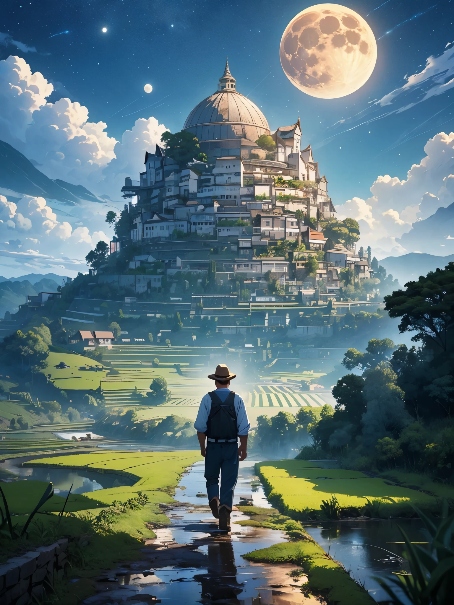 Old farmer carrying flat load, walking along winding path in hinterland, large moon, Jupiter reflected, grand clouds, blue sky, rice fields, pure rice seedlings in the fields, forst, hillside, isolated, hinterland, HD detail, hyper detail, film, Surrealism, smooth light, deep field focus bokeh, ray tracing, Surrealism.