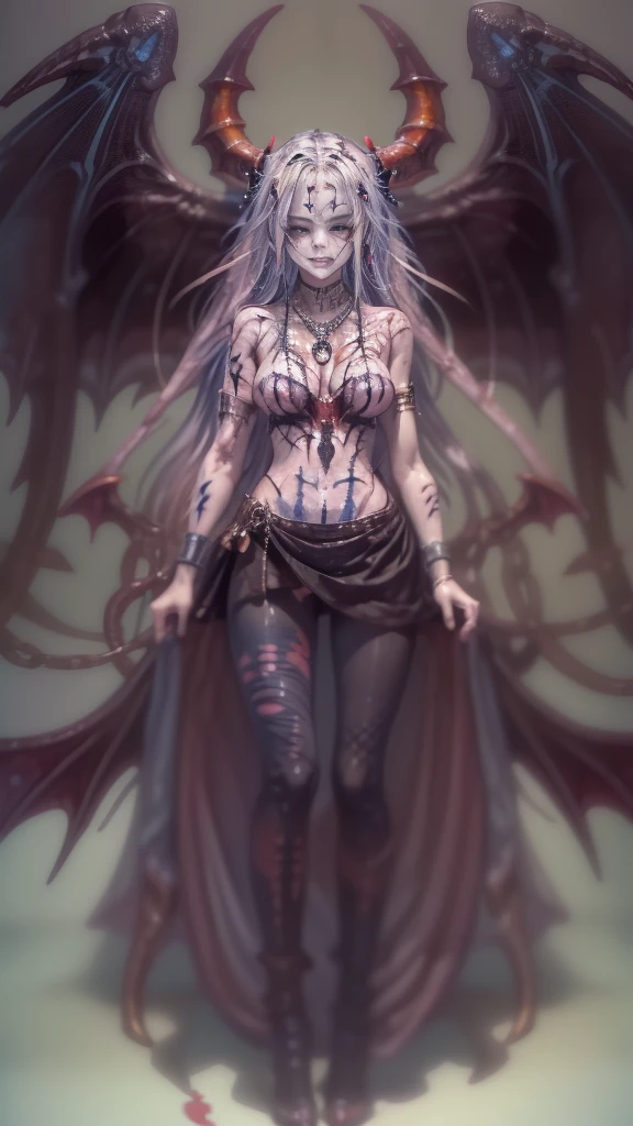 (32K:1.5, Dark fantasy:1.4, Highest quality, masterpiece, Ultra-high resolution), Perfect dynamic composition:1.3, Horror Portrait, chaos, Dark Background:1.3, Prisoner, slave, Dark Demon World, (Detailed tattoos on the whole body:1.4, Wearing exquisite jewelry:1.4), Very detailedな肌と顔の質感:1.3, Very accurate, Very detailed, (Cute and sexy succubus demon with big wings:1.3, Incredibly slim body:1.3, 美Shiily、美Shii:1.3), Horn, Fair skin, Sensual posture, ((Putting Badly Torn Clothing Back on Properly:1.3)), Mid-chest, (Big eyes that exude 美Shii eroticism:0.4, 激Shii愛撫を感じてください:1.0, Open your mouth a little, lipstick, Feel the 美Shii eroticism:0.9, Too sexy and cute:0.8, charm的な:0.8), ((Bloody:1.5, Covered in scars:1.5, Physical pain:1.6, Lots of chains:1.6, Countless chains tangled in clothes:1.6, Chain your right arm:1.5, Chain the left arm:1.5, The right leg is bound with a shackle and chain:1.5, The left leg is bound with a shackle and chain:1.5)), Super long blonde curly hair, Earrings, necklace, bracelet, disaster々Shii, romantic, mysterious, elegant, Object of admiration, original, dramatic, artistic, Innovative, charm, Heartful, Fancy, sense of openness, sense of cleanliness, special, exciting, Extreme, Tilt, sense of loss, sorrow, sorrowの表現, ((大人のcharm, 女性的なcharm))