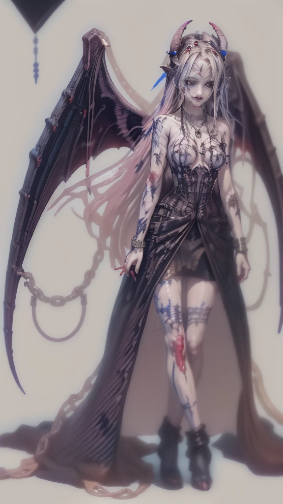 (32K:1.5, Dark fantasy:1.4, Highest quality, masterpiece, Ultra-high resolution), Perfect dynamic composition:1.3, Horror Portrait, chaos, Dark Background:1.3, Prisoner, slave, Dark Demon World, god々Shii, (Detailed tattoos on the whole body:1.4, wearing exquisite jewelry:1.4), Very detailedな肌と顔の質感:1.3, Very accurate, Very detailed, (Cute and sexy succubus demon with big wings:1.3, Incredibly slim body:1.3, Beautiful and aesthetic:1.3), Horn, Fair skin, Sensual posture, ((Properly dressing badly torn clothing:1.3)), Mid-chest, (Big eyes that exude eroticism:0.4, Feel the stimulating caress:1.0, Please open your mouth a little, lipstick, Feel the eroticism:0.9, Too sexy and cute:0.8, charm的な:0.8), ((Bloody:1.5, Covered in scars:1.5, Necrosis:1.6, Lots of chains:1.6, Countless chains tangled in clothes:1.6, Chain your right arm:1.5, Chain the left arm:1.5, The right leg is bound with a shackle and chain:1.5, The left leg is bound with a shackle and chain:1.5)), Super long blonde curly hair, Earrings, necklace, bracelet, romantic, god秘的, elegant, Object of admiration, original, dramatic, artistic, Innovative, charm, Heartful, Fancy, sense of openness, sense of cleanliness, special, grotesque, exciting, Extreme, Tilt, sense of loss, sorrow, sorrowの表現, ((美女のcharm, 女性的なcharm))