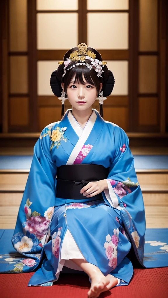 Sitting on the throne in the castle, wearing a gorgeous kimono, facing the camera、Sitting Shiba Inu