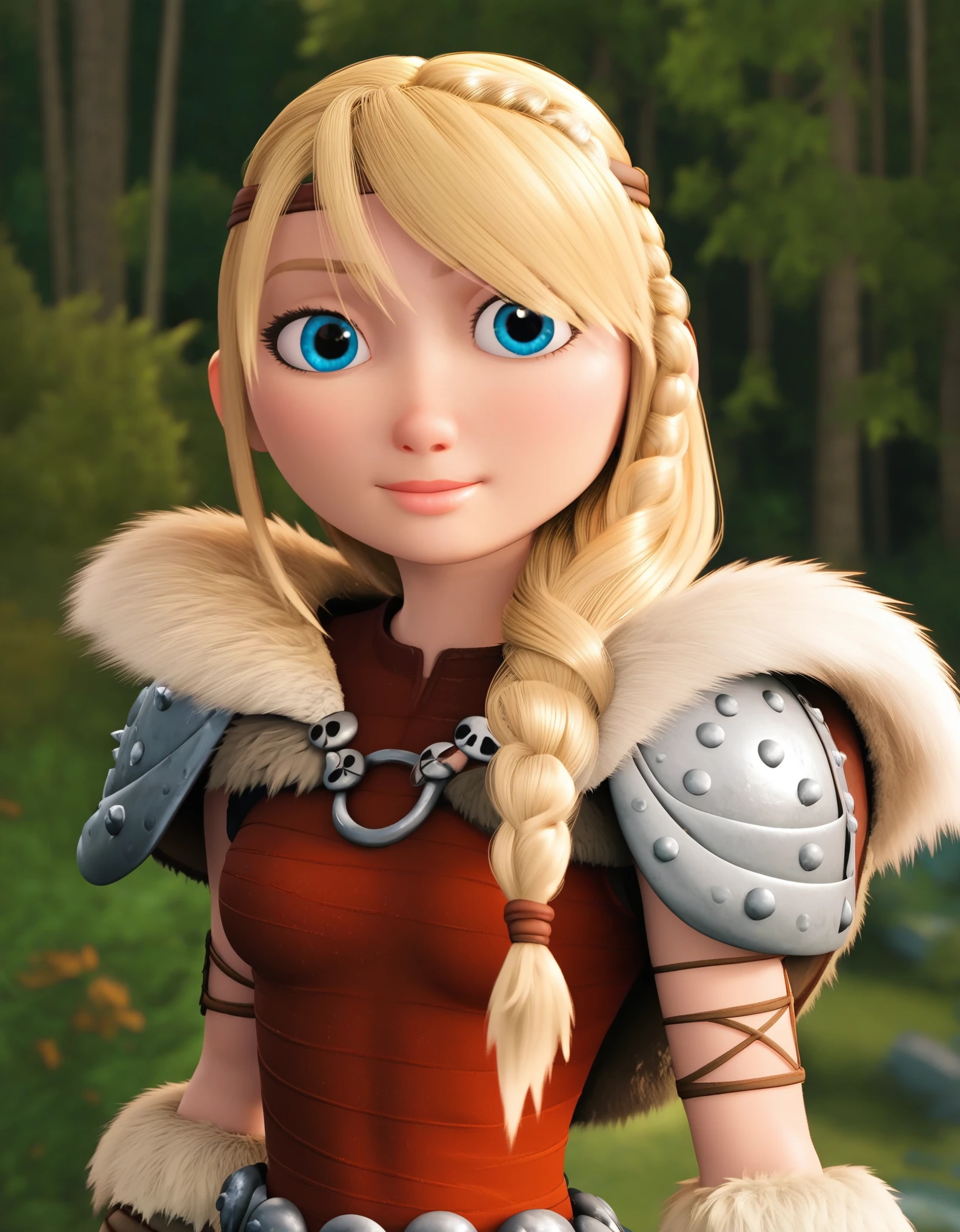 score_9, score_8_up, BREAK, ASTRIDHOFFERSON, 1girl, solo, blonde hair, braid, Long hair, blue eyes, fur trim, shoulder armor, armor, pauldron, depth of field, forest,