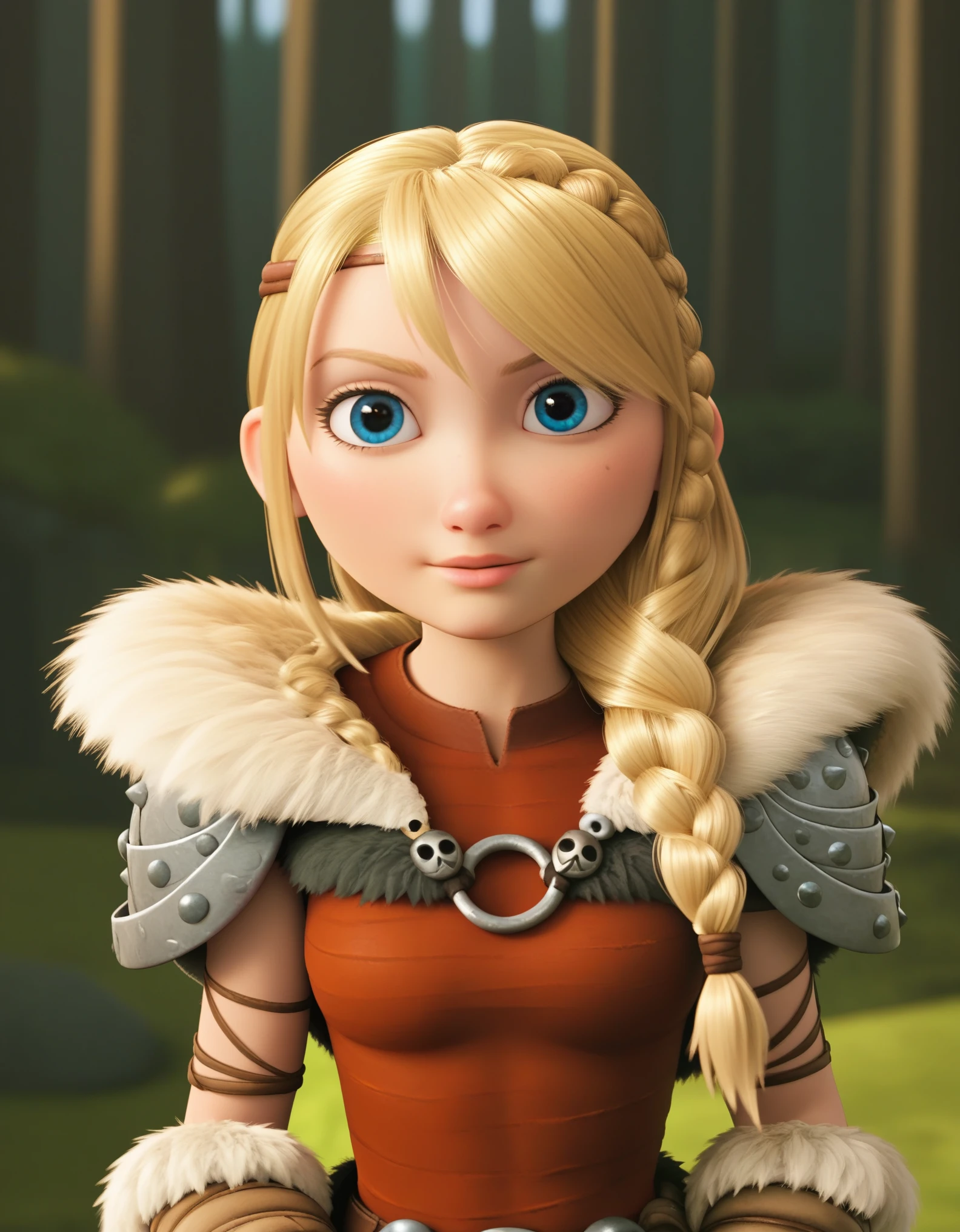 score_9, score_8_up, BREAK, ASTRIDHOFFERSON, 1girl, solo, blonde hair, braid, Long hair, blue eyes, fur trim, shoulder armor, armor, pauldron, depth of field, forest,