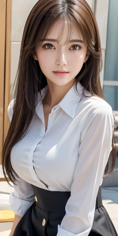 Realistic、Highest quality、Highest quality、masterpiece、Ultra-high resolution、RAW Photos、Realistic、Bright lighting、Face Light、Smooth Professional Lighting、Looking into the camera、alone、Adult female、Beautiful woman、Super Beauty、Realistic肌、Moisturized Skin、Realistic eyes and faces、Perfect model body shape、Beautiful Eyes、Big eyes、Inconspicuous tear bags、slim、Big Breasts、Very good、No makeup、Very long hair、Black Hair、black eye、seems to be happy、The ears are hidden by the hair、White button-up shirt、Black Skirt、office