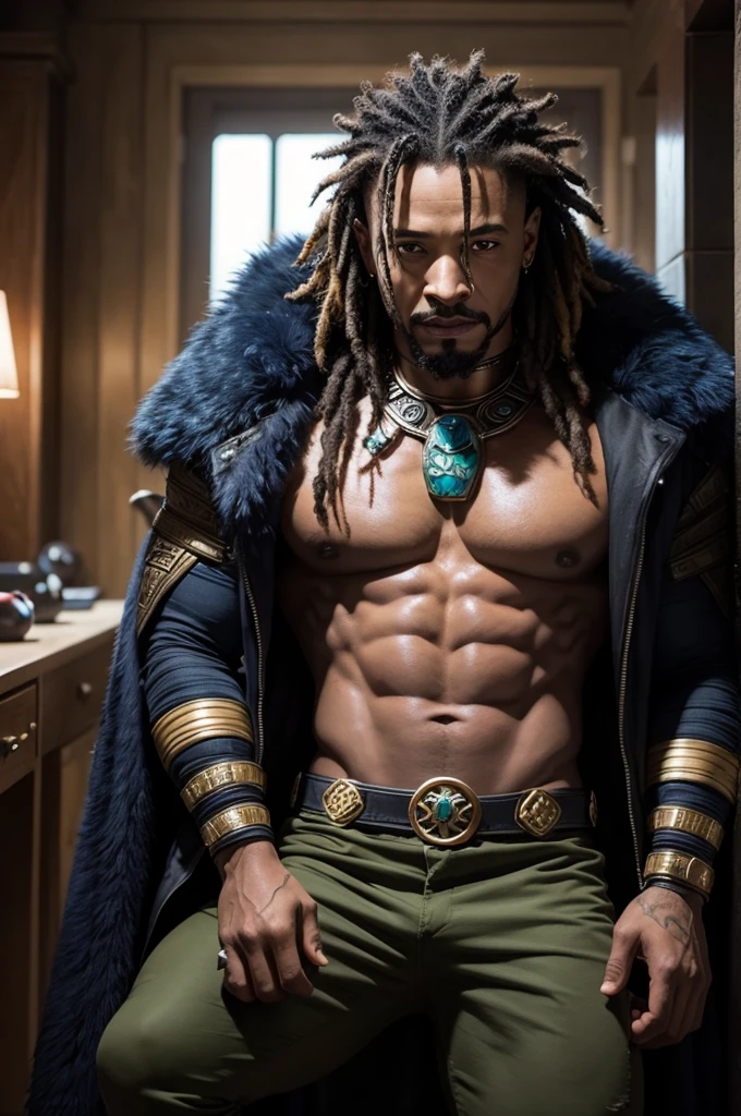 
"Crie uma imagem de Killmonger, character from the Marvel universe, wearing Loki&#39;s crown. The image should show Killmonger with his characteristic appearance, including his scars and combat attire, but wearing Loki&#39;s iconic golden crown, with horns curved upwards. The setting could be an environment that mixes elements from Wakanda and Asgard, symbolizing the merging of the two worlds."