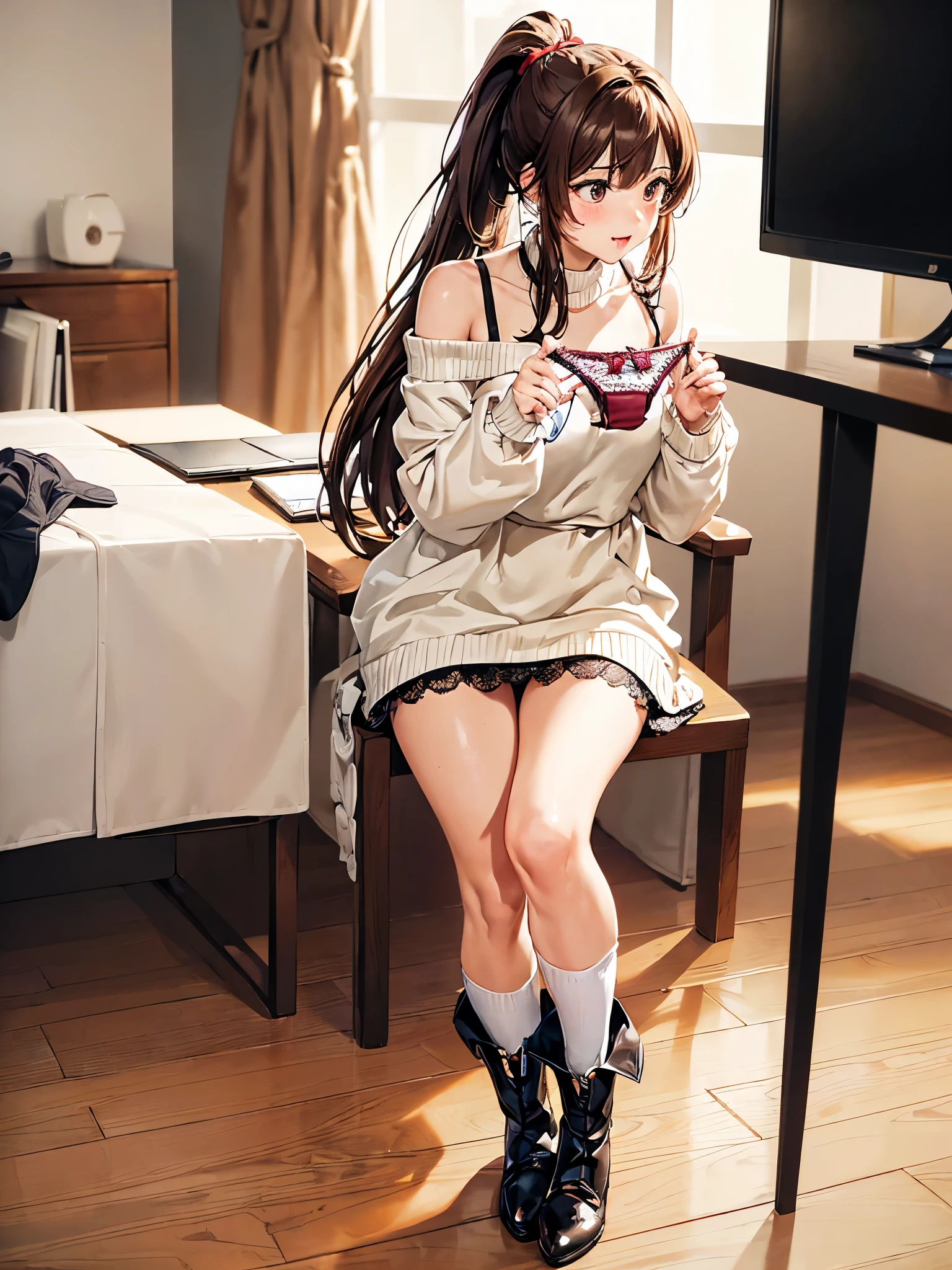 (((masterpiece, Highest quality, High resolution, 超High resolution, Perfect Pixel, Depth of written boundary, 4K, RTTX 10.0))), Beautiful Anime Woman, Beautiful art style, Anime characters, ((Smooth texture, Realistic texture, Anime CG Style)), Exact finger count、Exact number of legs、(Exact number of arms:1.0, Exact number of hands:1.0), (Perfect hands, Perfect Anatomy), Cinematic, Realistic, Extremely detailed CG, Daytime lighting, Perfect lighting, Best Shadow, The best natural light, whole body, Perfect body, バランのとれたPerfect body, Perfectly balanced style, Slender body, ((bangs, Long Hair, Reddish brown hair, ponytail), ((A cute adult woman is holding her panties in both hands and showing them, holding panties, presenting panties:1.8)), ((Off-the-shoulder sweater, mini skirt, Knee socks, short boots:1.3), (Knee-high socks:1.3):1.3), (Beautiful and big breasts:1), (Very embarrassed look:1.6), blush, (Stylish modern office, desk:1.6), Angle from the front, (Sexy and stylish lace panties for adults:1.5)