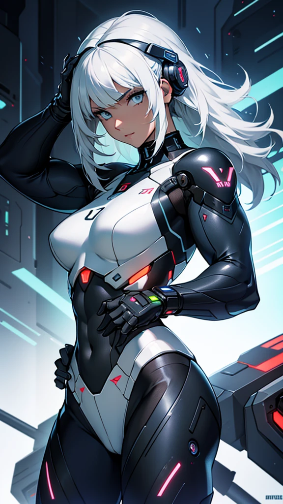 Beautiful cybernetic girl looking at camera in mobile cybernetic battle suit detailed muscles realistic masterpieces full figure pose