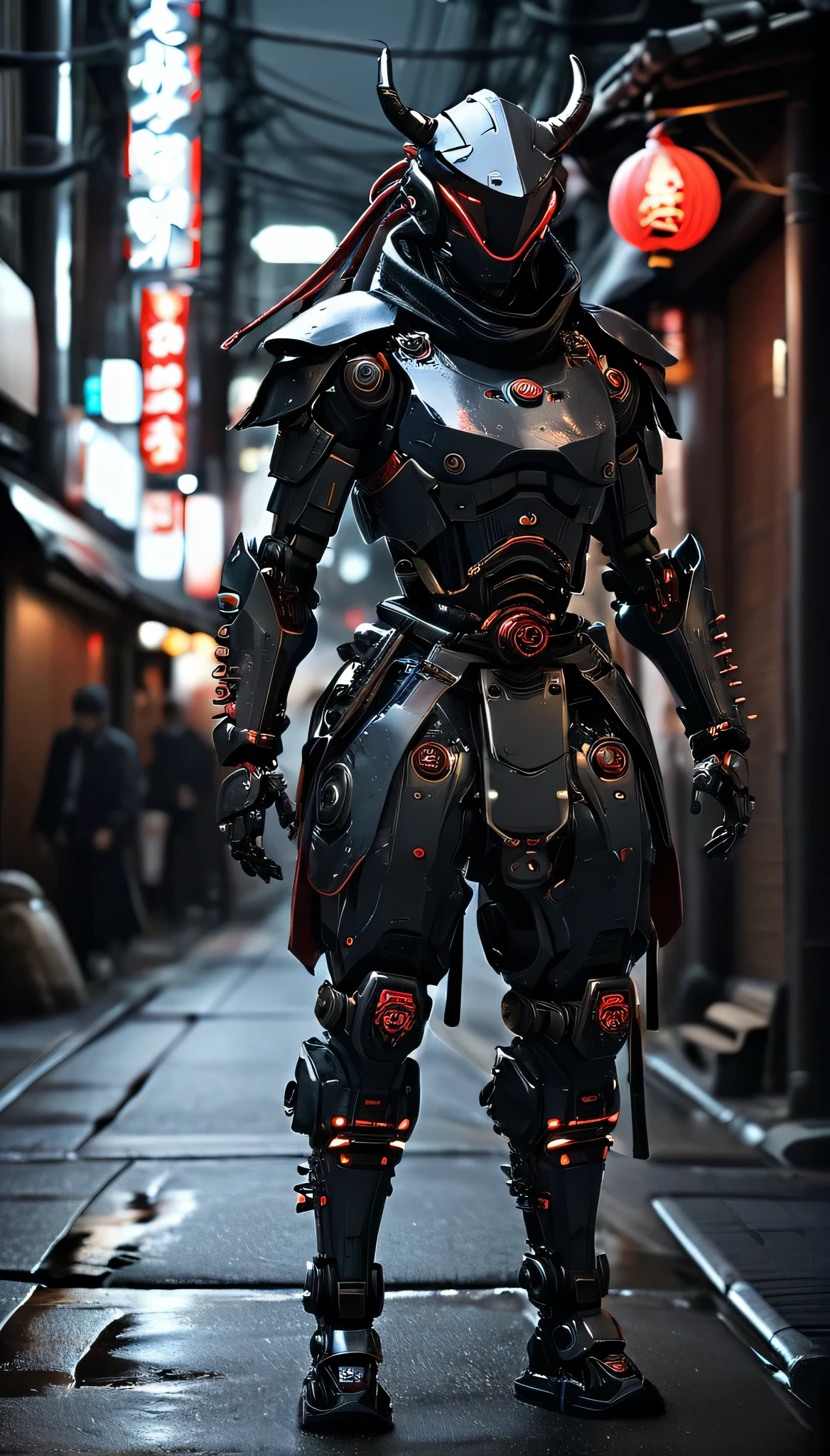 Two ninja shinobi cyberpunk robot cyborg .big thighs.Wallking street 
two samurais walking down a street at night, yasuke.Ninja wearing conical hat. shinobi Cyborg. Red eyes, devil mask, rain. Dark night. Equipped with Sword on back. Katana on back. Robot. gears. screws. lights. wires on back. Arresting monsters in alleys.real. tokyo. UE5 CGI,walking next to a highly detailed and realistic samurai robot bodyguard with humanoid features. The setting is an urban street that appears to be in Japan, with a background of bright city lights and signs. The contrast between traditional clothing and futuristic robots will be striking, emphasizing the blend of historical culture with cutting-edge technology.