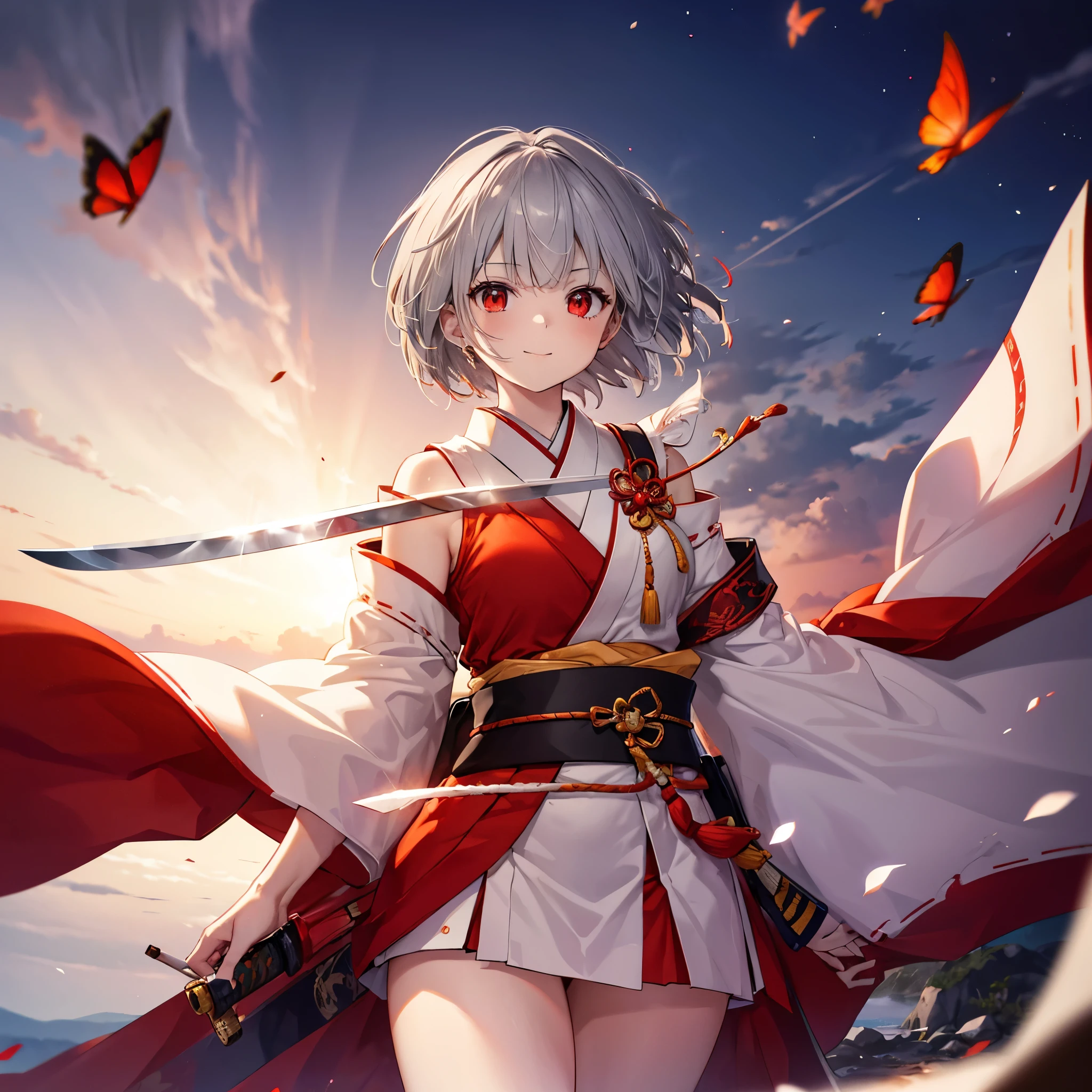 (((((1 person　Gray Hair、short hair、Red Sideburns　White and red clothes、shoulder)))))　((((High resolution　Japanese sword、Shining blade　Visible thighs))))　(((Black Belt　warrior　military commander、Close-up　smile　Red eyes)))　((Bright red butterfly　night　Japanese style、old　Shining Aura　garden、water surface　full moon　Catch the wind))　(Shining Background　Shining Edges)