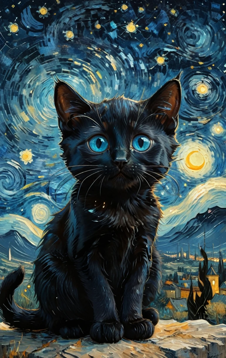 A cute black cat with blue eyes ,the background is van gogh's starry sky , a fine art painting, space art, trending on art station, alejandro burdisio