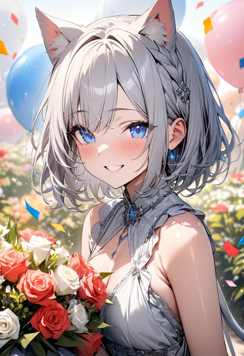 silver hair, 1 girl, (((best quality)), ((masterpiece)), (details), masterpiece, best quality, high quality, super detailed, perfect face, ((1 girl, Blue eyes, Cat ears: 1.3 silver bob: 2.5,)),Shiny Hair、Shiny skin、smile、Alluring expression、bouquet、balloon、Confetti、Flower Field