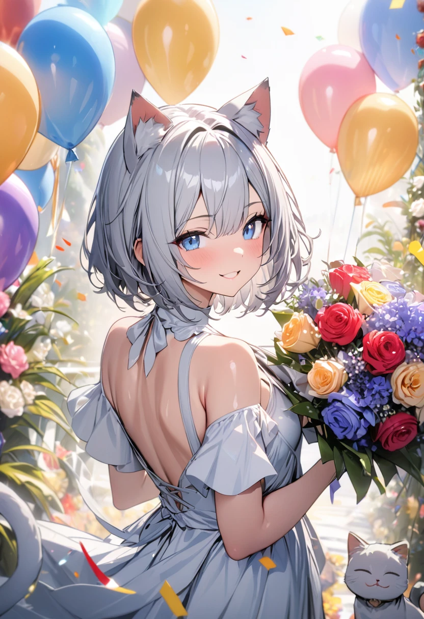 silver hair, 1 girl, (((best quality)), ((masterpiece)), (details), masterpiece, best quality, high quality, super detailed, perfect face, ((1 girl, Blue eyes, Cat ears: 1.3 silver bob: 2.5,)),Shiny Hair、Shiny skin、smile、Alluring expression、bouquet、balloon、Confetti、Flower Field