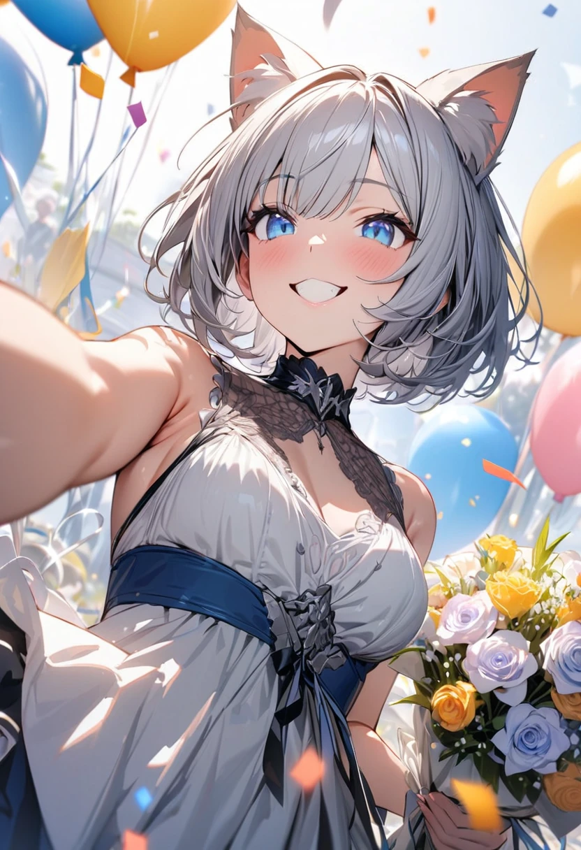 silver hair, 1 girl, (((best quality)), ((masterpiece)), (details), masterpiece, best quality, high quality, super detailed, perfect face, ((1 girl, Blue eyes, Cat ears: 1.3 silver bob: 2.5,)),Shiny Hair、Shiny skin、smile、Alluring expression、bouquet、balloon、Confetti、Flower Field