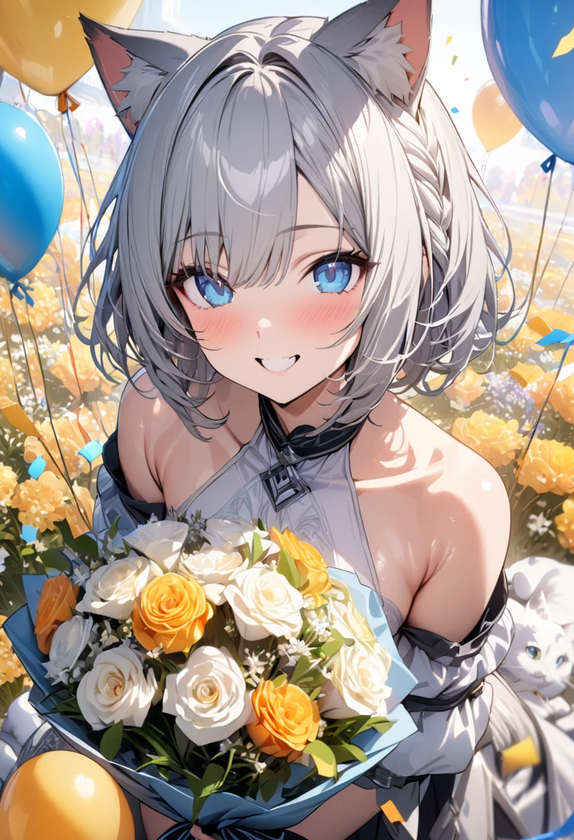 silver hair, 1 girl, (((best quality)), ((masterpiece)), (details), masterpiece, best quality, high quality, super detailed, perfect face, ((1 girl, Blue eyes, Cat ears: 1.3 silver bob: 2.5,)),Shiny Hair、Shiny skin、smile、Alluring expression、bouquet、balloon、Confetti、Flower Field