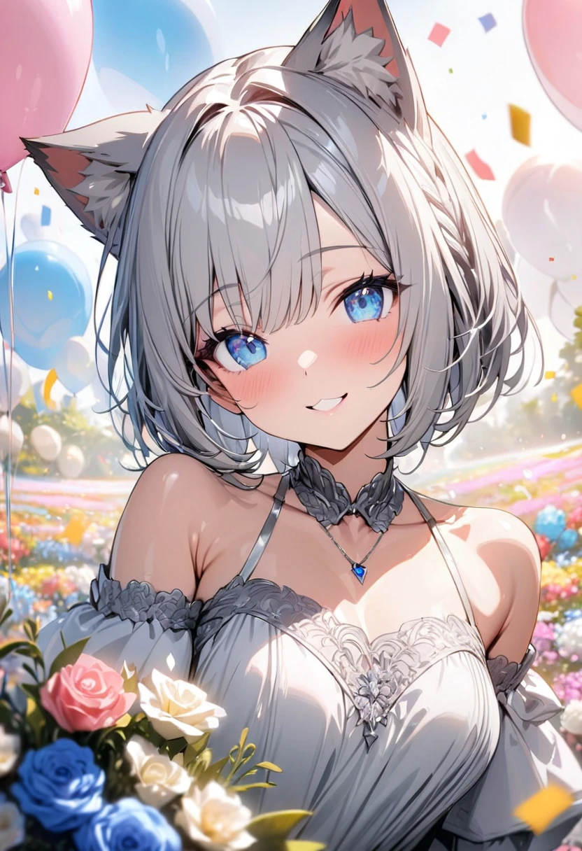 silver hair, 1 girl, (((best quality)), ((masterpiece)), (details), masterpiece, best quality, high quality, super detailed, perfect face, ((1 girl, Blue eyes, Cat ears: 1.3 silver bob: 2.5,)),Shiny Hair、Shiny skin、smile、Alluring expression、bouquet、balloon、Confetti、Flower Field