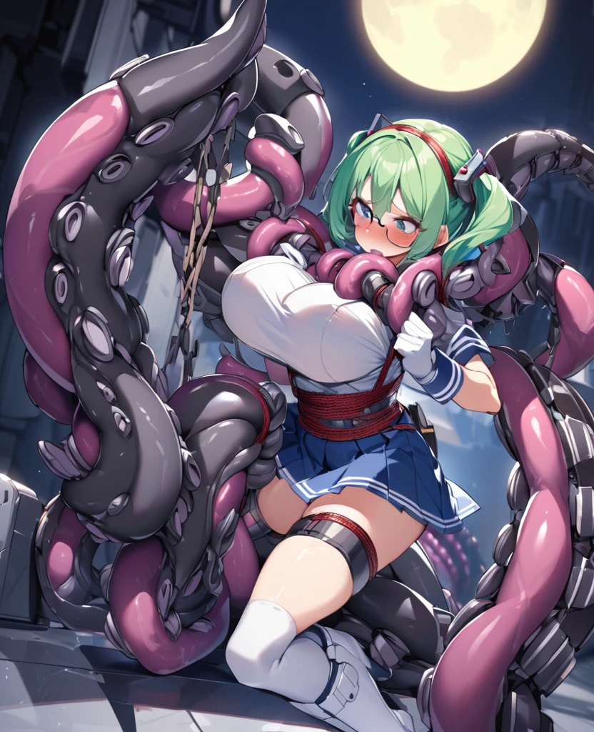 One Woman、Braided twin tails、Huge breasts、(Huge breasts:1.8)、Glasses、blue eyes、Green Hair、,((Sailor Warriorini skirt))、((Embarrassed expression))、((full moon))、((Picture below))、((Thigh-high boots))、((length))、((White length Gloves))、((White panties))Iron Tentacles, Mechanized Tentacles ,Mechanical machine, Mechanical dicks, Mechanical penises,Mechanical tentacles,2-hole penetration double penetration,Bondage BDSM,Bondage Bondage,Tentacles under clothes tentacles under clothes