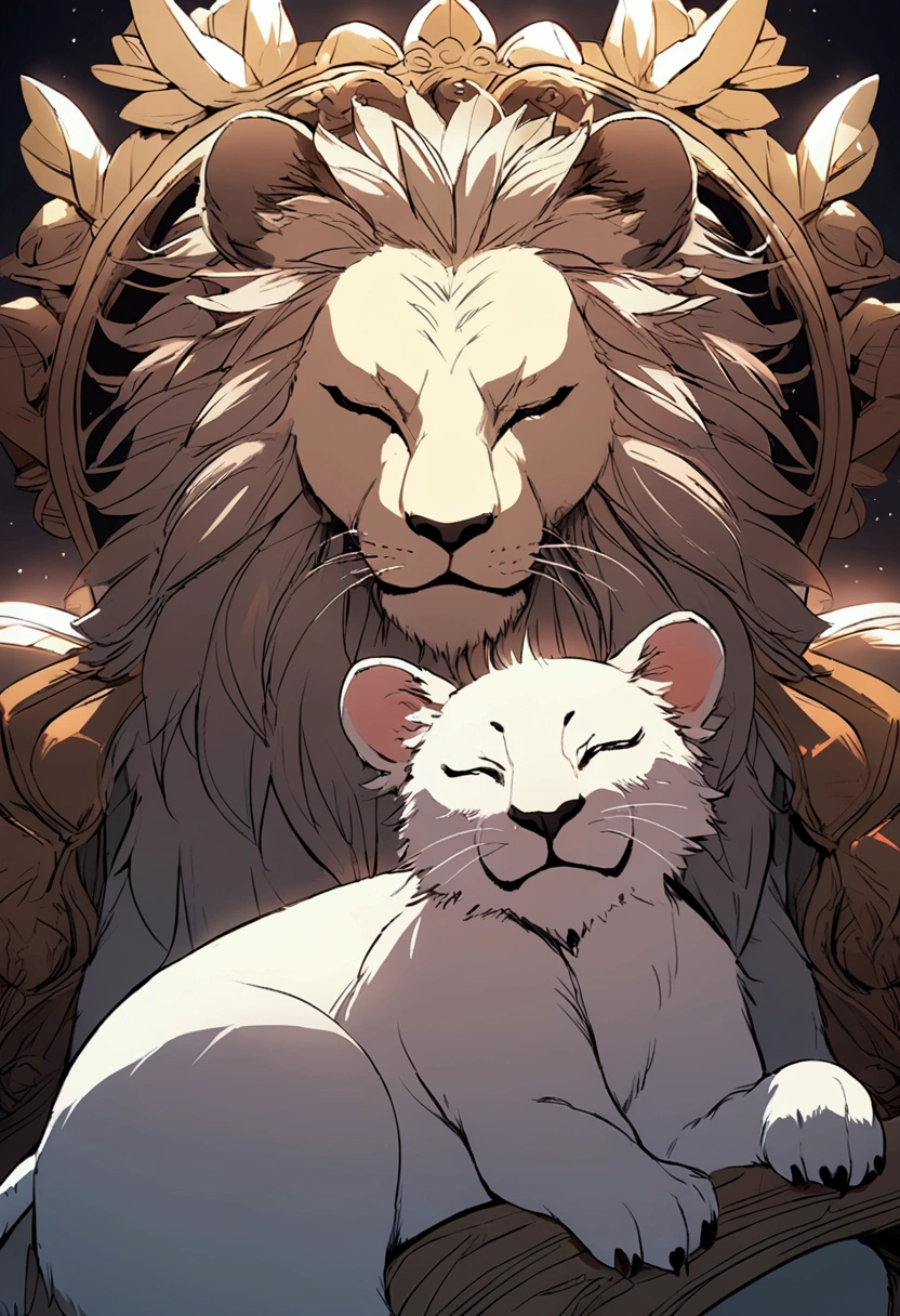 Lion with eyes closed petting cub